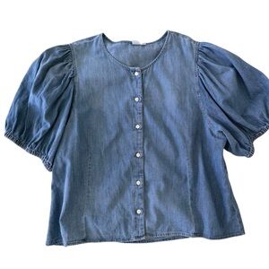 GAP Light Blue Denim Puff Sleeve Button-Up Top